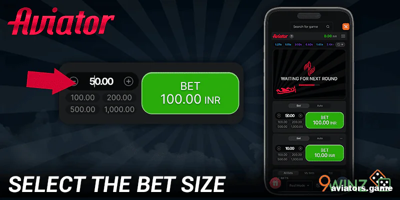 Select the bet amount for the Aviator game in the 9winz mobile app