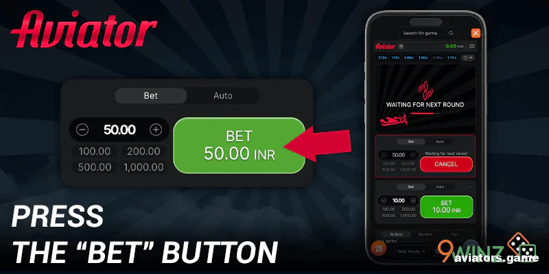 Confirm your bet in the Aviator game on the 9winz mobile app