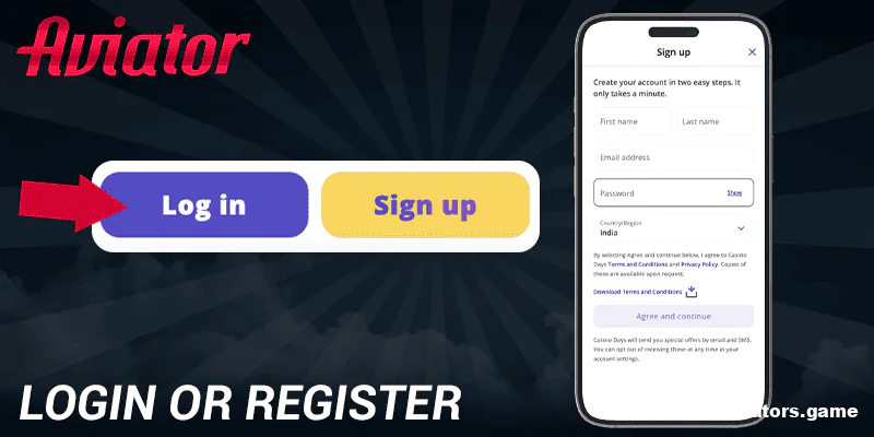 Log in or register in the Casino Days Aviator mobile application