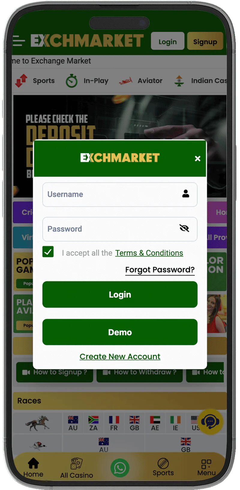 Screenshot of the login window of the Exchmarket Aviator mobile app