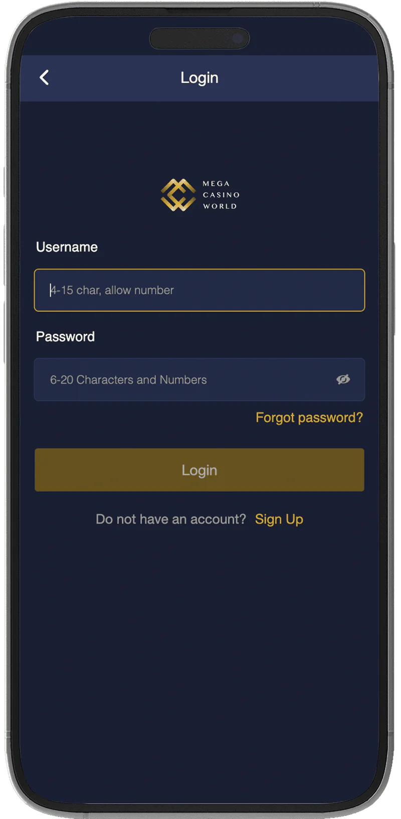 Screenshot of Mega Casino World mobile app login page