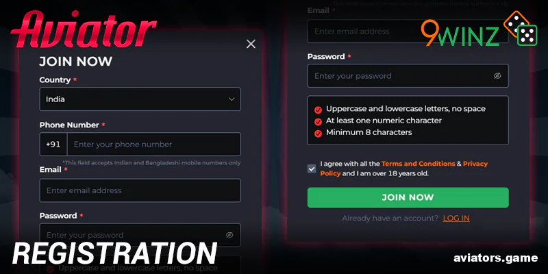 Create an account at 9winz Aviator India