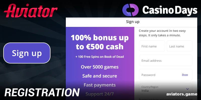 Create an account at Casino Days Aviator India